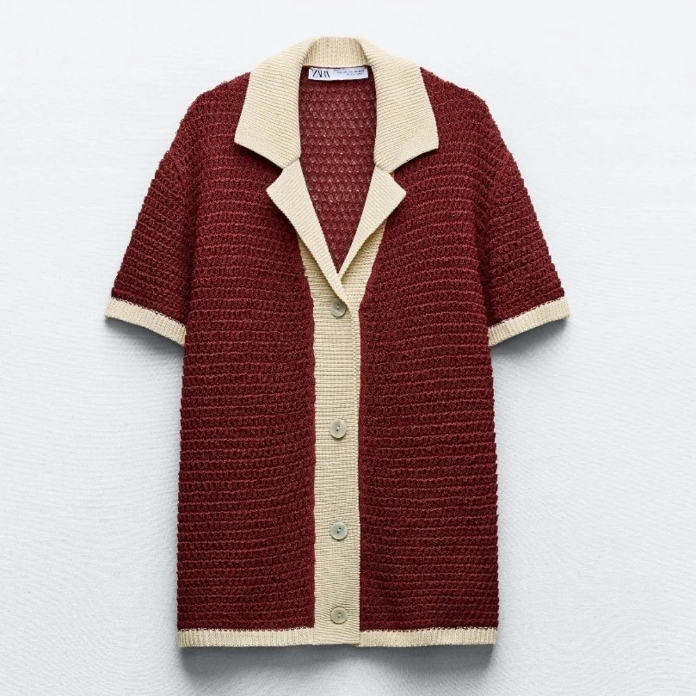NWT Zara Open Knit Button Front Collared Polo Cardigan In Burgundy/Cream - S/M